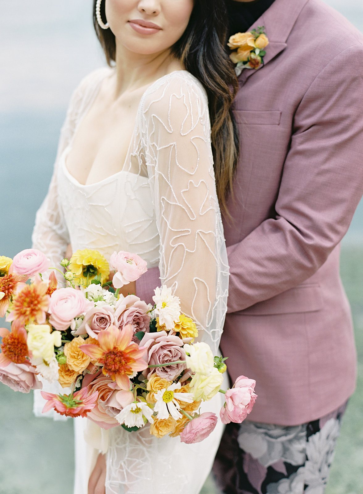 Colorful garden-gathered bridal bouquet