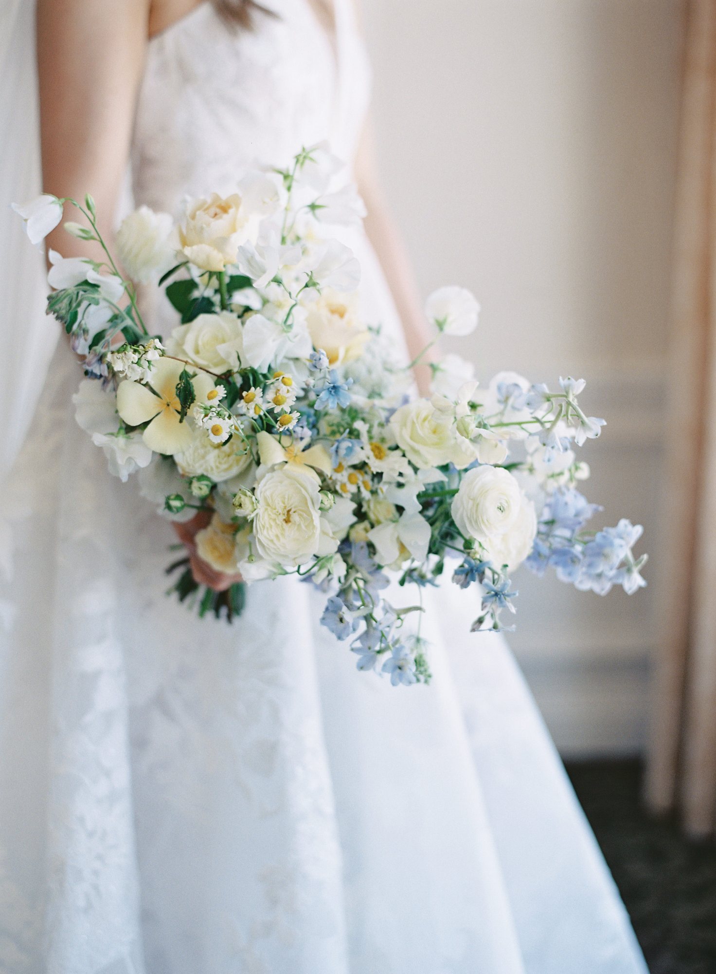 Cascading blue and white bridal bouquet